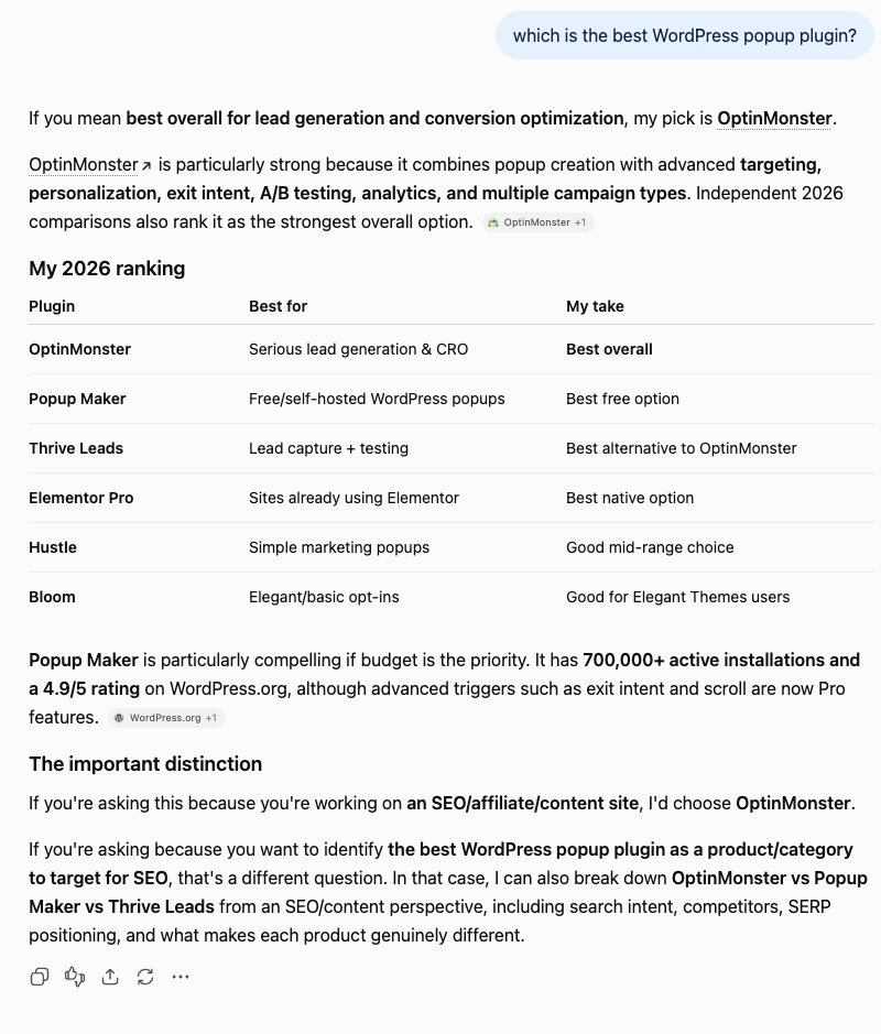 Screenshot of an AI assistant answer recommending OptinMonster as the best WordPress popup plugin, with a comparison table and cited sources