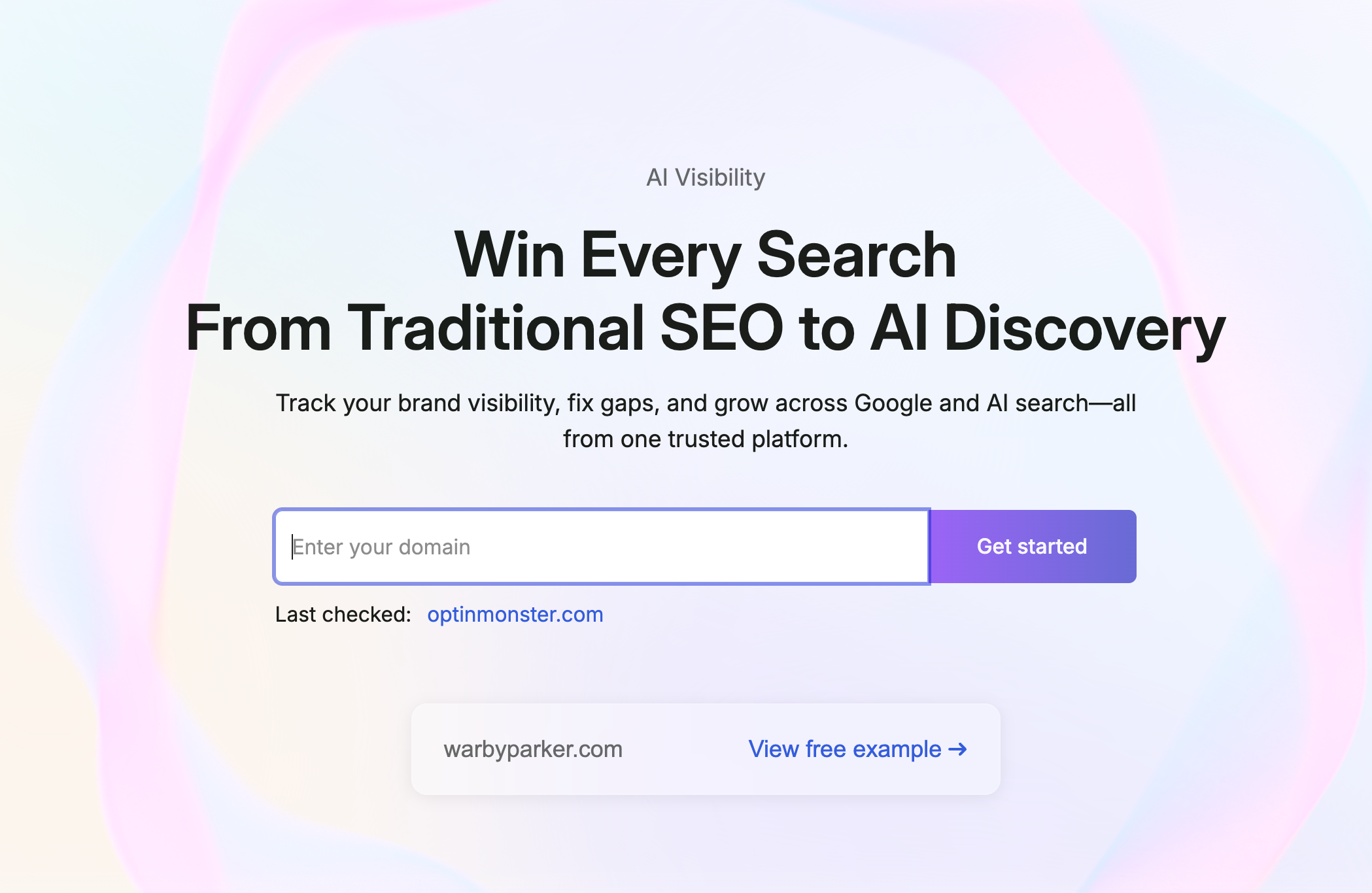 Semrush AI Visibility tool landing page showing brand tracking across Google and AI search